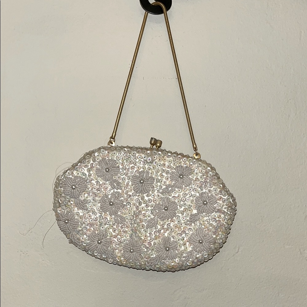 Elegant White Beaded Clutch